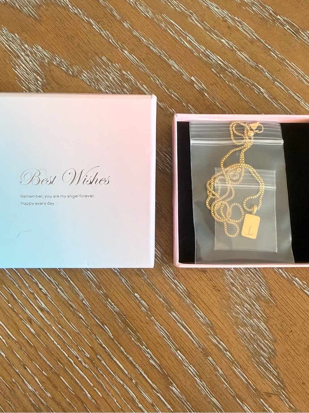 Gold tone Pendant Necklace with Rectangular L initial, adjustable crystal chain